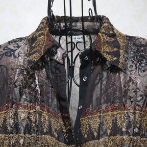 AGORA Brown Black Multi Fabric Texture Snap Close Blouse Shirt